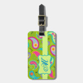 Olive Lime Green Modern Paisley Pattern Monogram Bagagelabel (Voorkant verticaal)