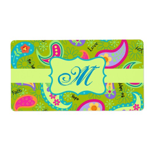 Olive Lime Green Modern Paisley Pattern Monogram Etiket (Voorkant)