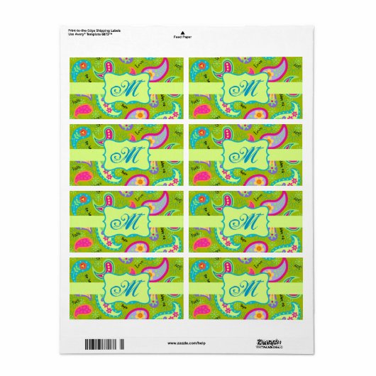 Olive Lime Green Modern Paisley Pattern Monogram Etiket (Full Sheet)