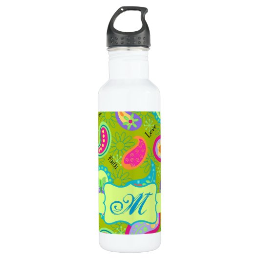 Olive Lime Green Modern Paisley Pattern Monogram Waterfles (Voorkant)