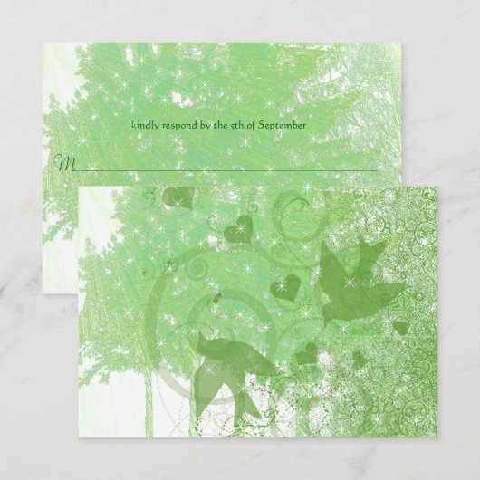 Olive Limoen Woodland Birds & Swirls Wedding RSVP (Voorkant / Achterkant)