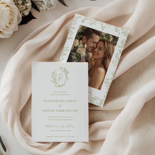 Olive Line Art Floral Monogram Crest Wedding Save The Date
