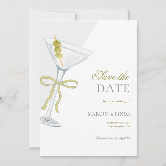 Olive Martini Franse Coquette Strik Oude Bruiloft Save The Date (Voorkant)