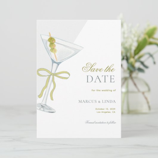 Olive Martini Franse Coquette Strik Oude Bruiloft Save The Date (Staand voorkant)