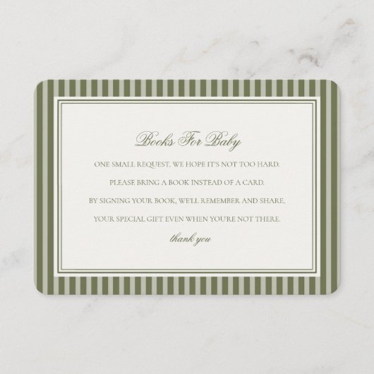 Olive Martini Green Striped Books For Baby Shower Informatiekaartje (Voorkant)