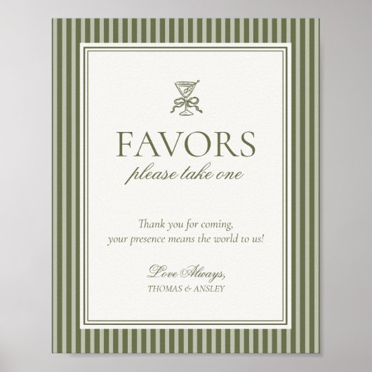 Olive Martini Green Striped Wedding Favors Sign Poster (Voorkant)