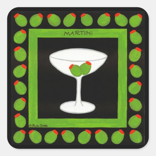 Olive Martini Retro Drink Art Green en Black Vierkante Sticker (Voorkant)