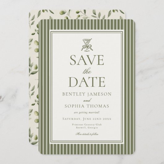 Olive Martini Tini Bit Closer Stripe Save the Date Kaart (Voorkant / Achterkant)
