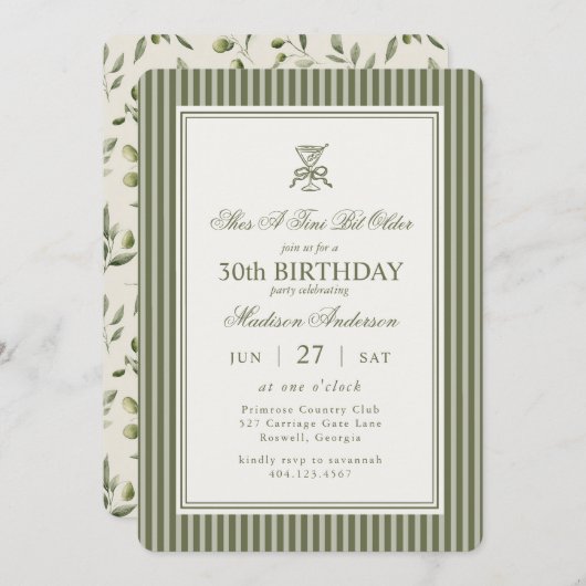 Olive Martini Tini Bit Older Striped Birthday Kaart (Voorkant / Achterkant)