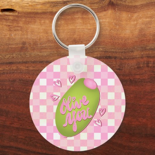 Olive Me Loves Olive You Retro Pink Check Keychain (Achterkant)