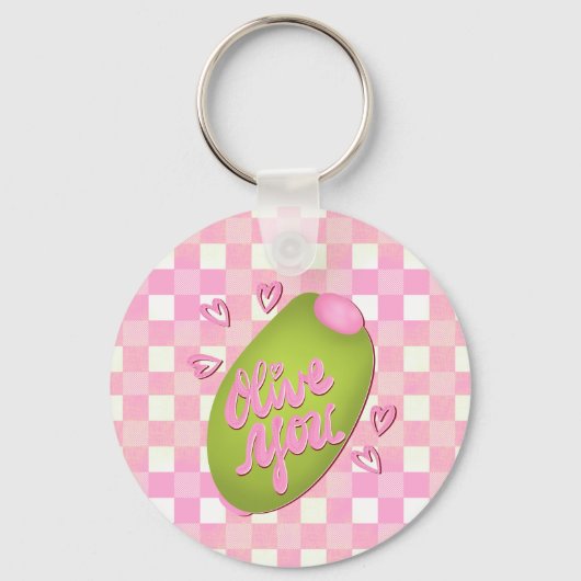 Olive Me Loves Olive You Retro Pink Check Keychain (Achterkant)