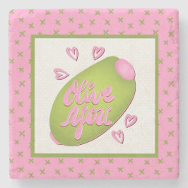 Olive Me Loves Olive You Retro Roze Olijfpatroon Stenen Onderzetter
