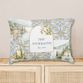 Olive Mediterraan Geel Blauw Tegel Patroon Accent Kussen