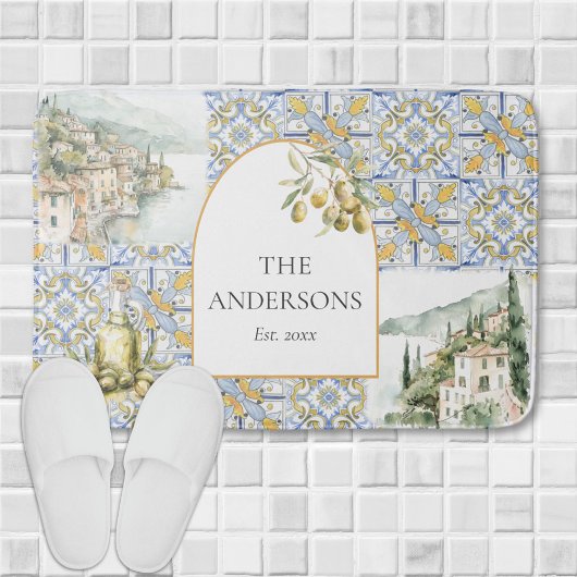 Olive Mediterraan Geel Blauw Tegel Patroon Badmat