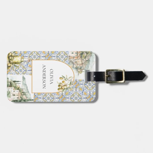 Olive Mediterraan Geel Blauw Tegel Patroon Bagagelabel (Voorkant horizontaal)
