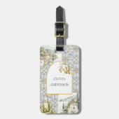 Olive Mediterraan Geel Blauw Tegel Patroon Bagagelabel (Voorkant verticaal)