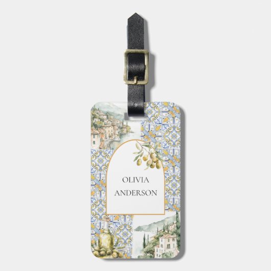 Olive Mediterraan Geel Blauw Tegel Patroon Bagagelabel (Voorkant verticaal)