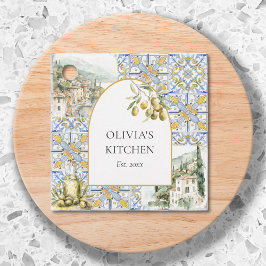 Olive Mediterraan Geel Blauw Tegel Patroon Bedankjes Labels