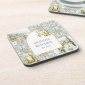 Olive Mediterraan Geel Blauw Tegel Patroon Bier Onderzetter (Linkerzijde)