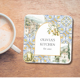 Olive Mediterraan Geel Blauw Tegel Patroon Bier Onderzetter