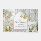 Olive Mediterraan Geel Blauw Tegel Patroon Deurmat (Voorkant)