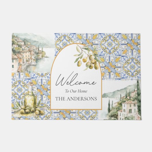 Olive Mediterraan Geel Blauw Tegel Patroon Deurmat (Voorkant)