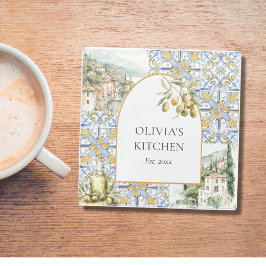 Olive Mediterraan Geel Blauw Tegel Patroon Glazen Onderzetter