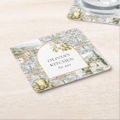 Olive Mediterraan Geel Blauw Tegel Patroon Kartonnen Onderzetters (Schuin)