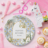 Olive Mediterraan Geel Blauw Tegel Patroon Papieren Bordje (Feest)