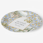 Olive Mediterraan Geel Blauw Tegel Patroon Papieren Bordje (Gekanteld)