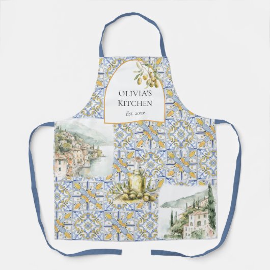 Olive Mediterraan Geel Blauw Tegel Patroon Schort (Voorkant)