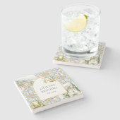 Olive Mediterraan Geel Blauw Tegel Patroon Stenen Onderzetter (Zijkant)