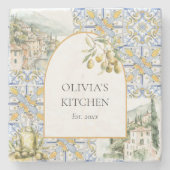 Olive Mediterraan Geel Blauw Tegel Patroon Stenen Onderzetter (Voorkant)