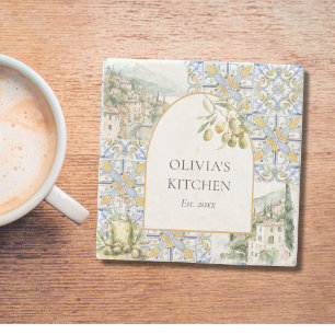 Olive Mediterraan Geel Blauw Tegel Patroon Stenen Onderzetter