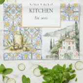 Olive Mediterraan Geel Blauw Tegel Patroon Theedoek (Gevouwen)