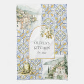 Olive Mediterraan Geel Blauw Tegel Patroon Theedoek (Verticaal)