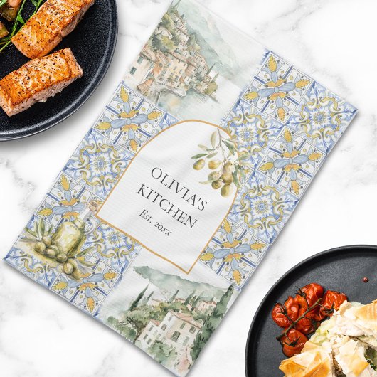 Olive Mediterraan Geel Blauw Tegel Patroon Theedoek