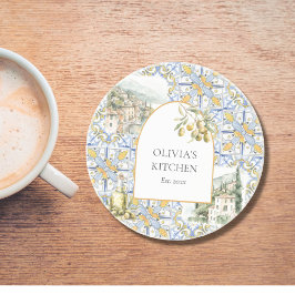 Olive Mediterraan Geel Blauw Tegel Patroon Zandsteen Onderzetter