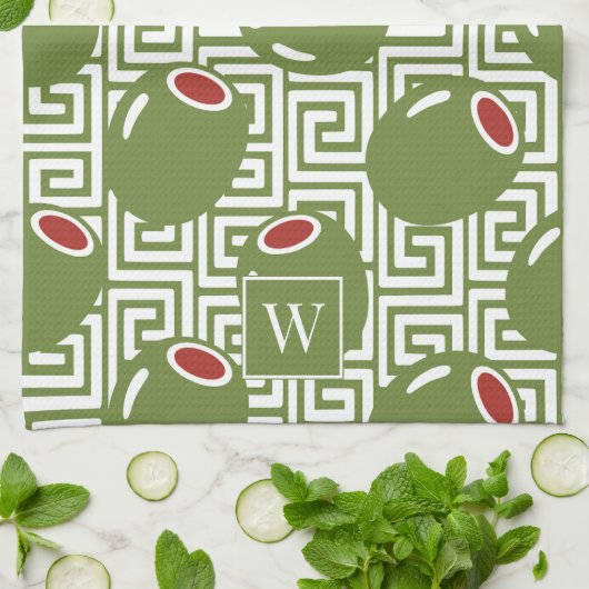 Olive Mediterranean Greek Key  Theedoek (Gevouwen)