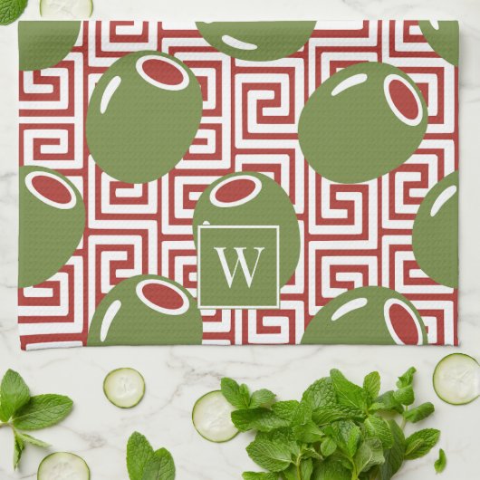 Olive Mediterranean Greek Key  Theedoek (Gevouwen)