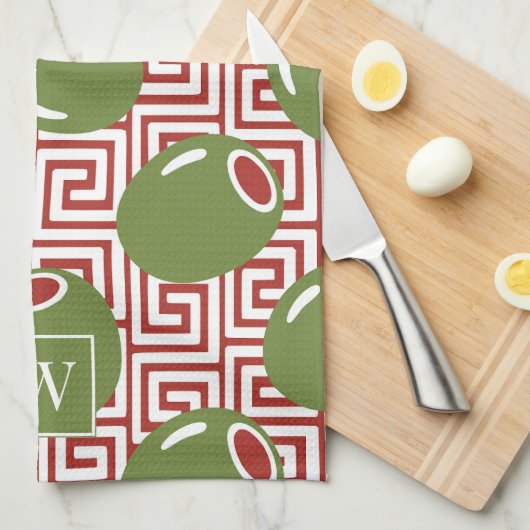 Olive Mediterranean Greek Key  Theedoek (Quarter Fold)