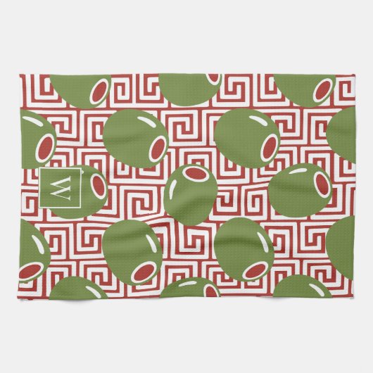 Olive Mediterranean Greek Key  Theedoek (Horizontaal)