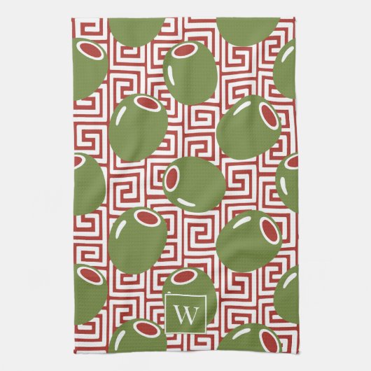 Olive Mediterranean Greek Key  Theedoek (Verticaal)