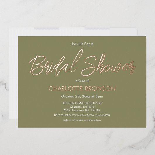 Olive Minimalist Script Bruiloftsfeest Roze Goud Folie Uitnodiging (Envelop)