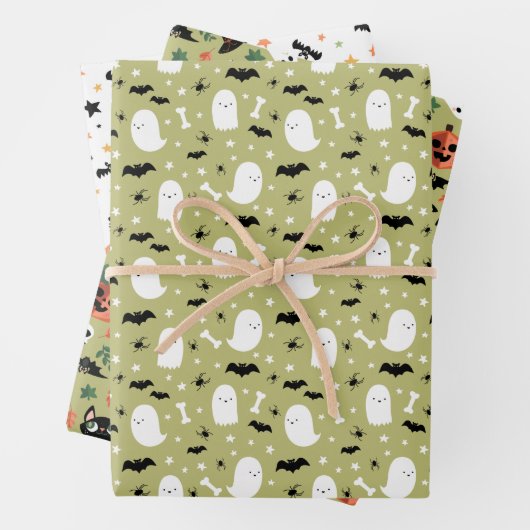 Olive Mixed Halloween Pattern Ghost Pumpkins Bats Inpakpapier Vel (In situ)