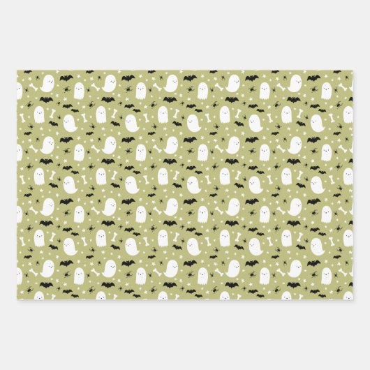 Olive Mixed Halloween Pattern Ghost Pumpkins Bats Inpakpapier Vel (Voorkant)