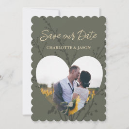 Olive Modern Foto Hart Frame Save The Date     Kaart