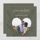 Olive Modern Photo Heart Lijst Save the Date (Voorkant / Achterkant)