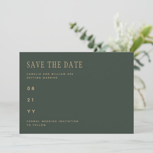 Olive Moss Green Gold Wedding BEWAAR DATUM Save The Date (Staand voorkant)