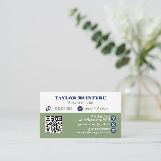 Olive & Navy Blue Professionele Pictogrammen QR-co Visitekaartje (Staand voorkant)
